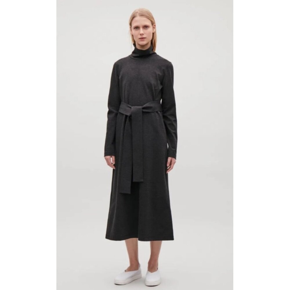 Cos Long Sleeve Charcoal Gray Funnel Neck Belted Midi Dress L